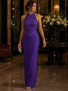 Vintage Alyce Designs Silk Beaded Purple Open Back Halter Evening Gown Sz 6